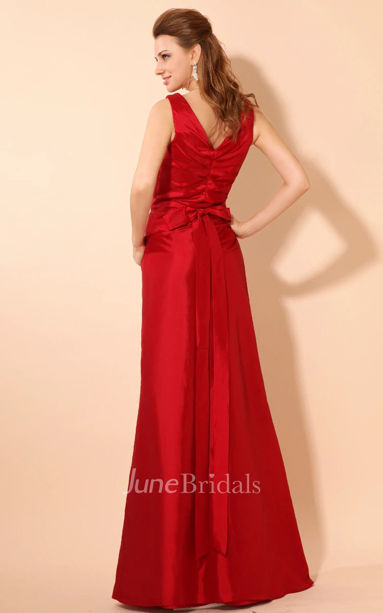 Strapless V-Neck Maxi Taffeta Dress With Ruching And Ruffle