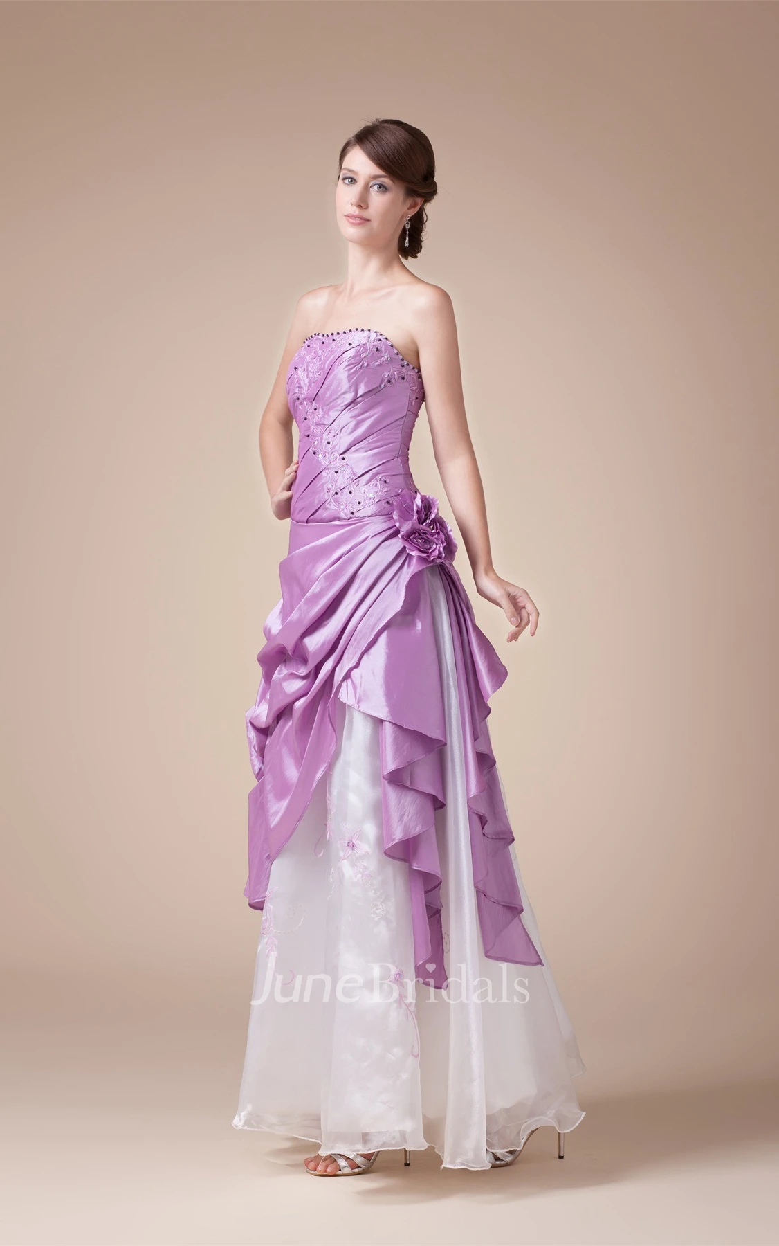 Two-Tone Strapless Pick-Up Floor-Length Dress with Rhinestone and Flower