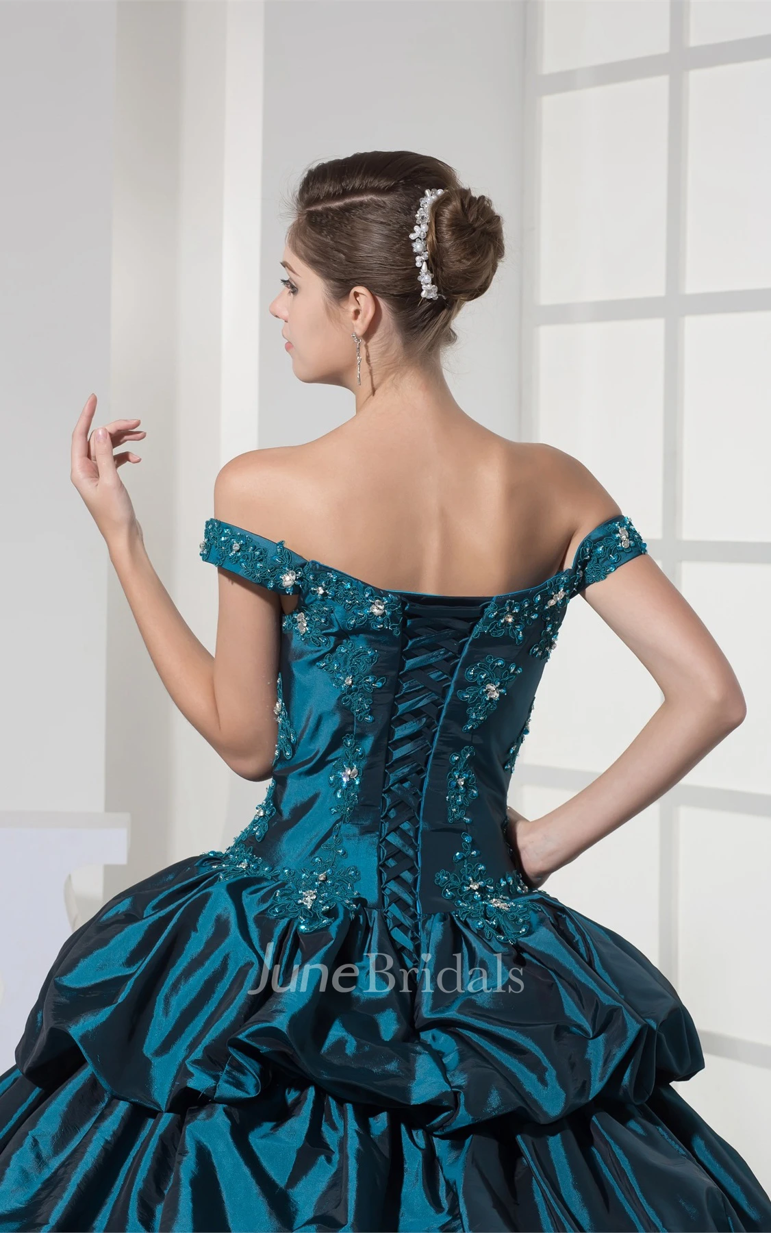 Strapped Pick-Up Ball Gown with Appliques and Corset Back