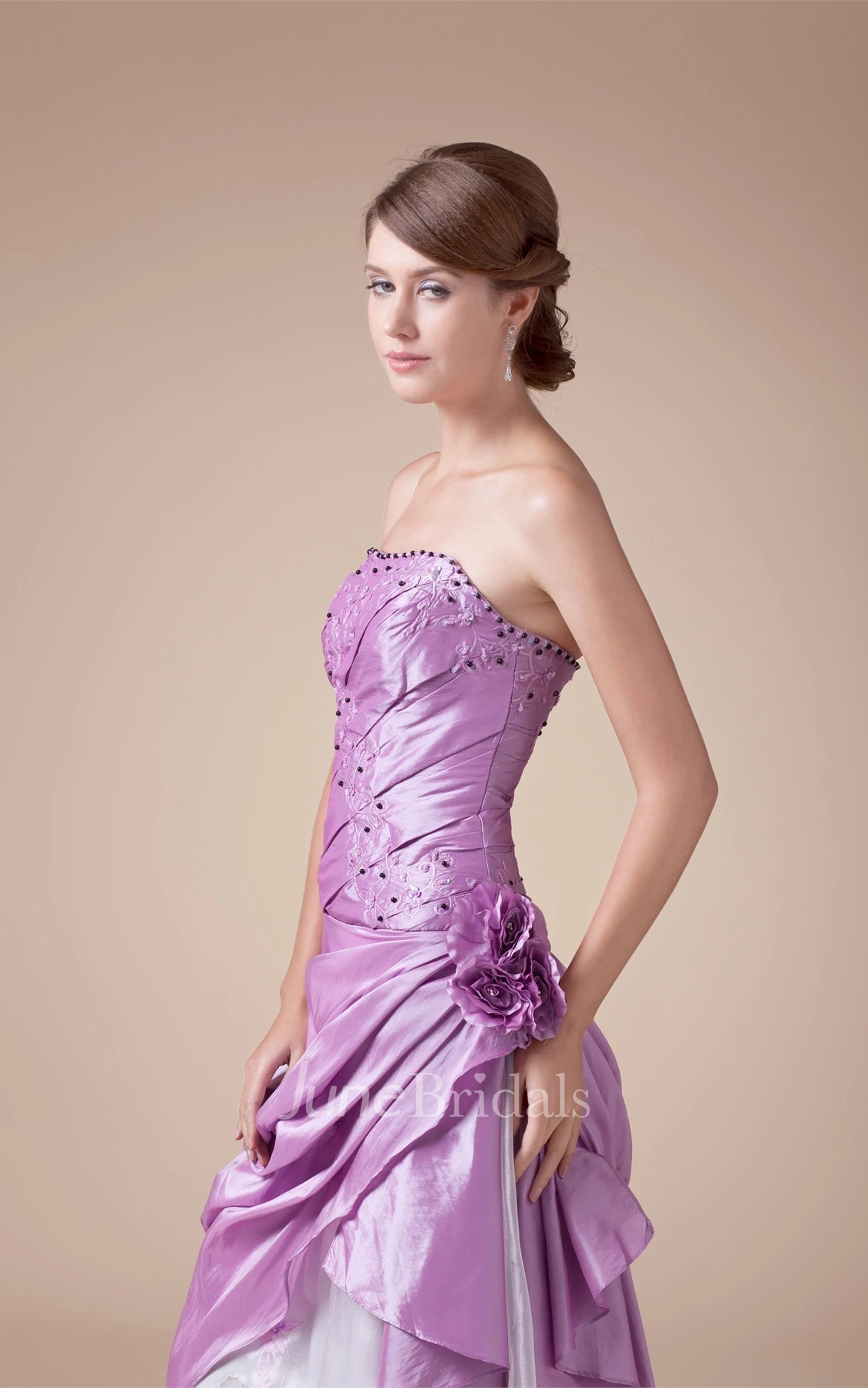 Two-Tone Strapless Pick-Up Floor-Length Dress with Rhinestone and Flower