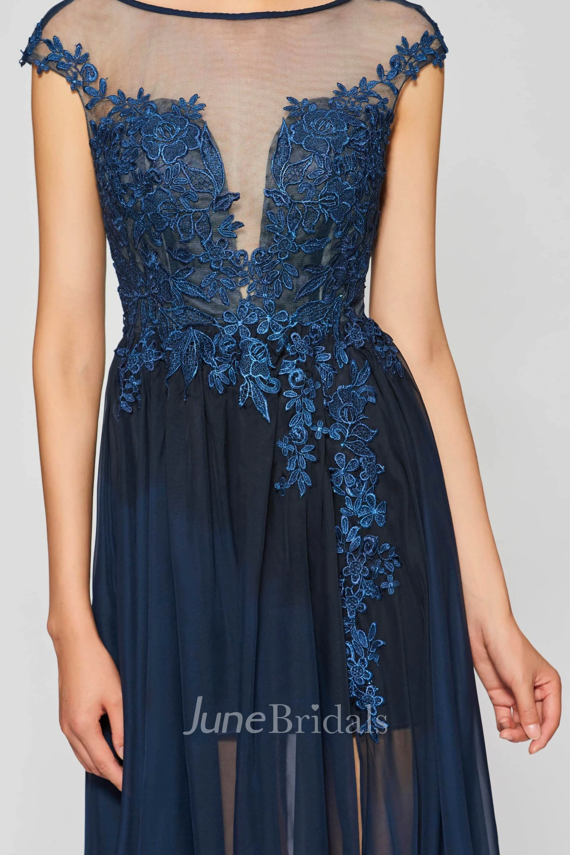 Split Front A-line Sexy Bateau Chiffon Gown With Lace Appliques And Deep V-back