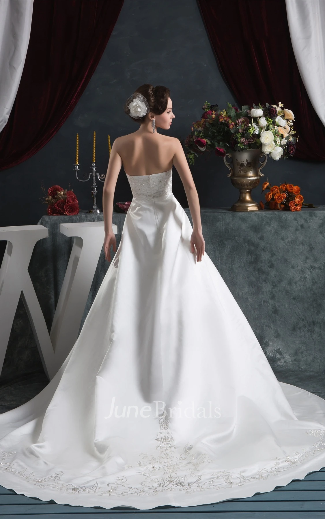 Strapless Satin A-Line Gown with Embroideries and Bow