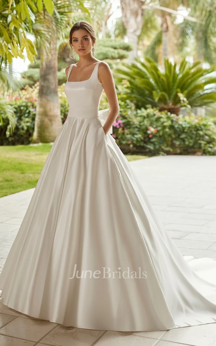 Elegant Romantic A-Line Square Neck Straps Satin Spring Wedding Dress Simple Solid Court Floor-length Sleeveless Backless Zipper Bridal Gown with Bow
