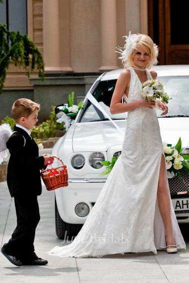 High Neck Sleeveless Lace Pleated Split Front Backless Wedding Dress