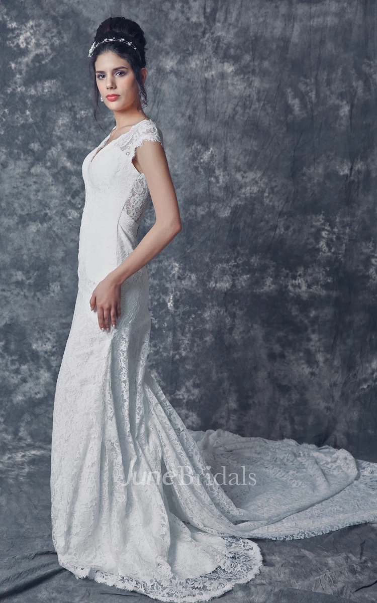 Sassy Low-v Neck Mermaid Lace Gown With Cap Sleeves