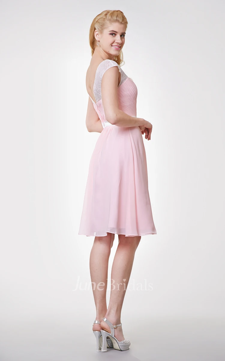 Lace Cap-sleeved A-line Knee Length Chiffon Dress