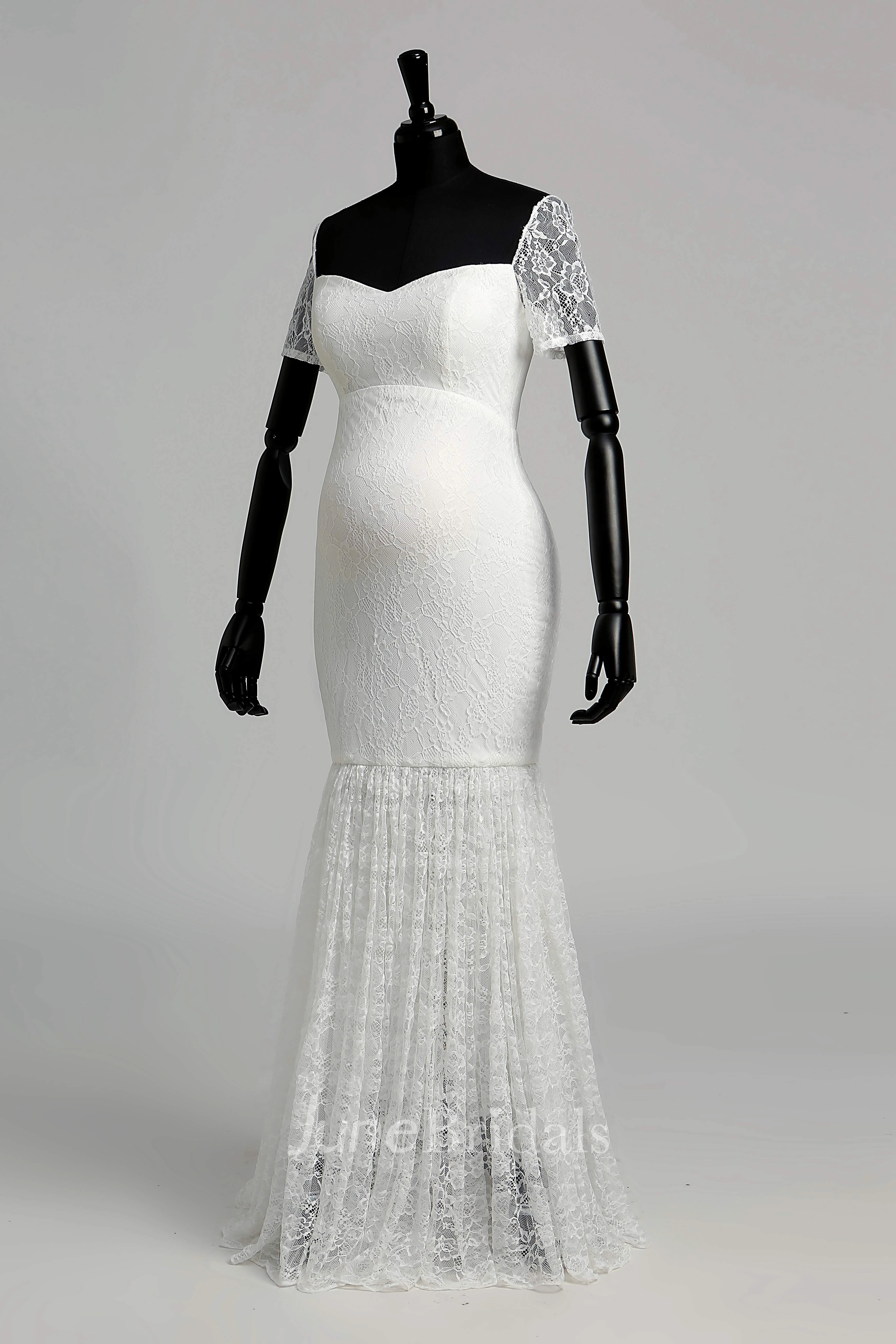 Floor-length Mermaid Off-the-shoulder Illusion Short Sleeve Lace Maternity Weeding Dress