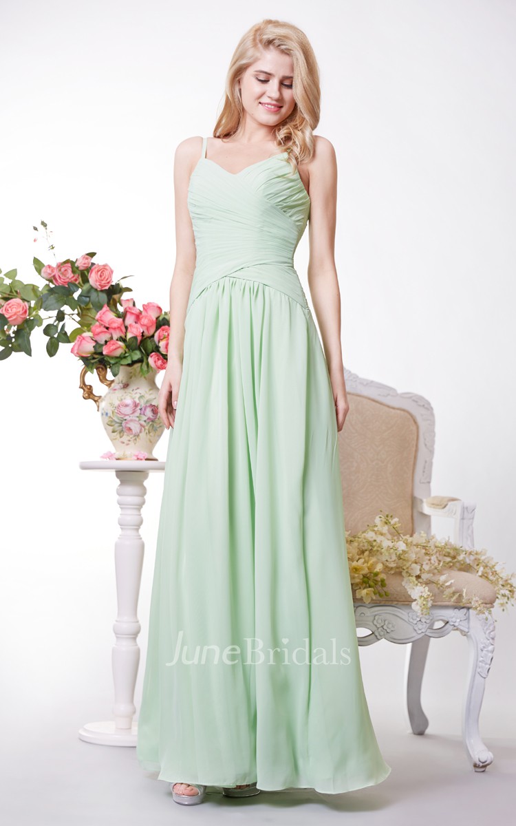 V neck Chiffon A line Gown Has Crisscross Ruched Bodice