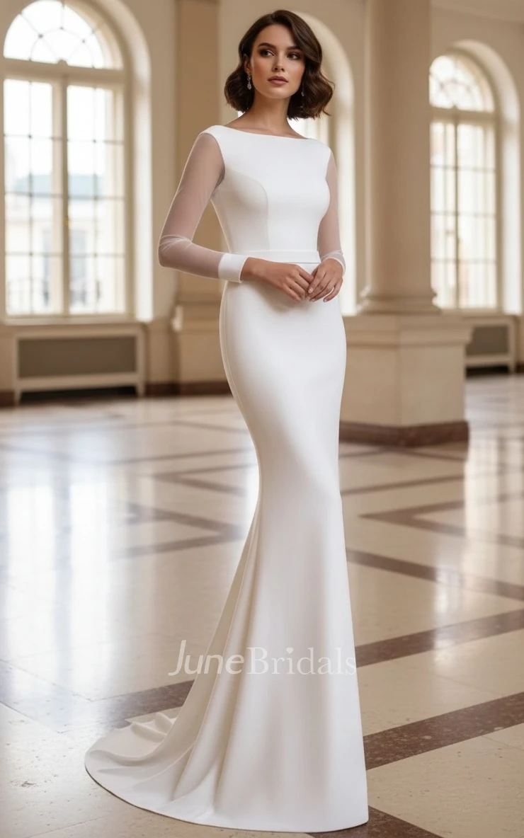 Minimalist Bateau Wedding Dress Long Sleeve Civil Mermaid Gown with Corset Back