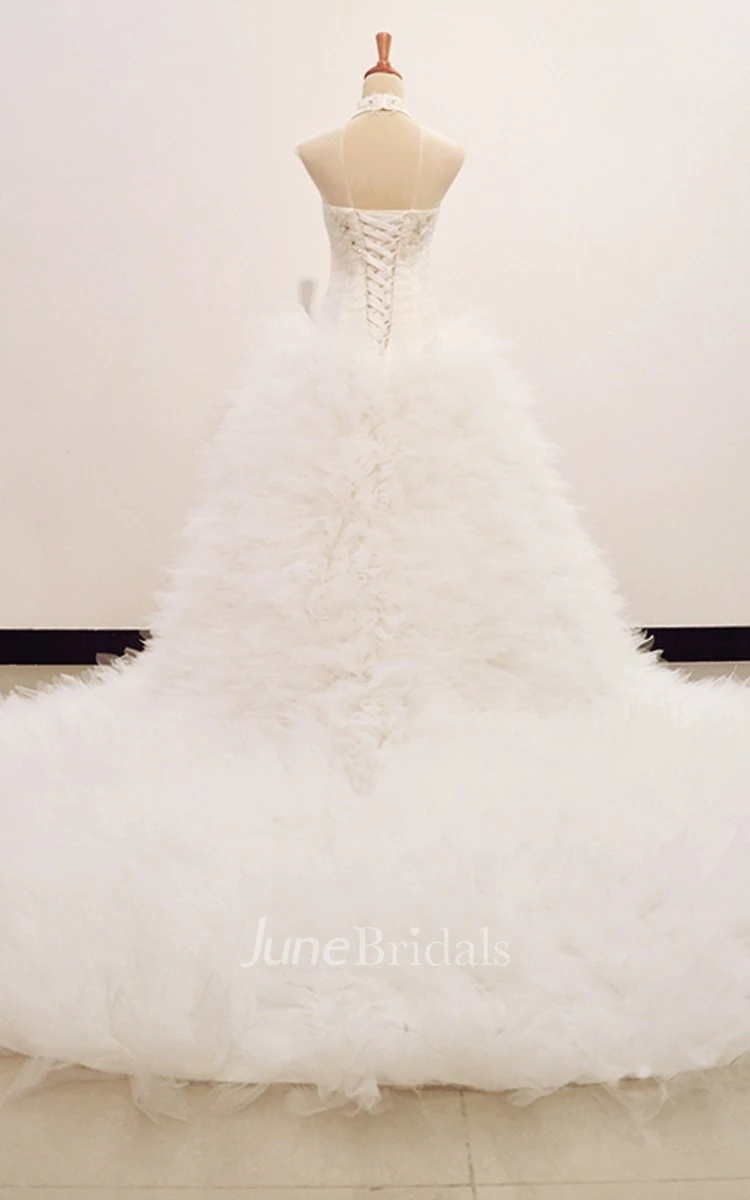 Magnificent Ruffle Tulle Gown With Tiered Organza Skirt and Jeweled Waist