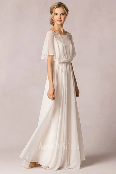 Sheath Scoop-Neck Floor-Length Poet-Sleeve Appliqued Chiffon Wedding Dress With Pleats