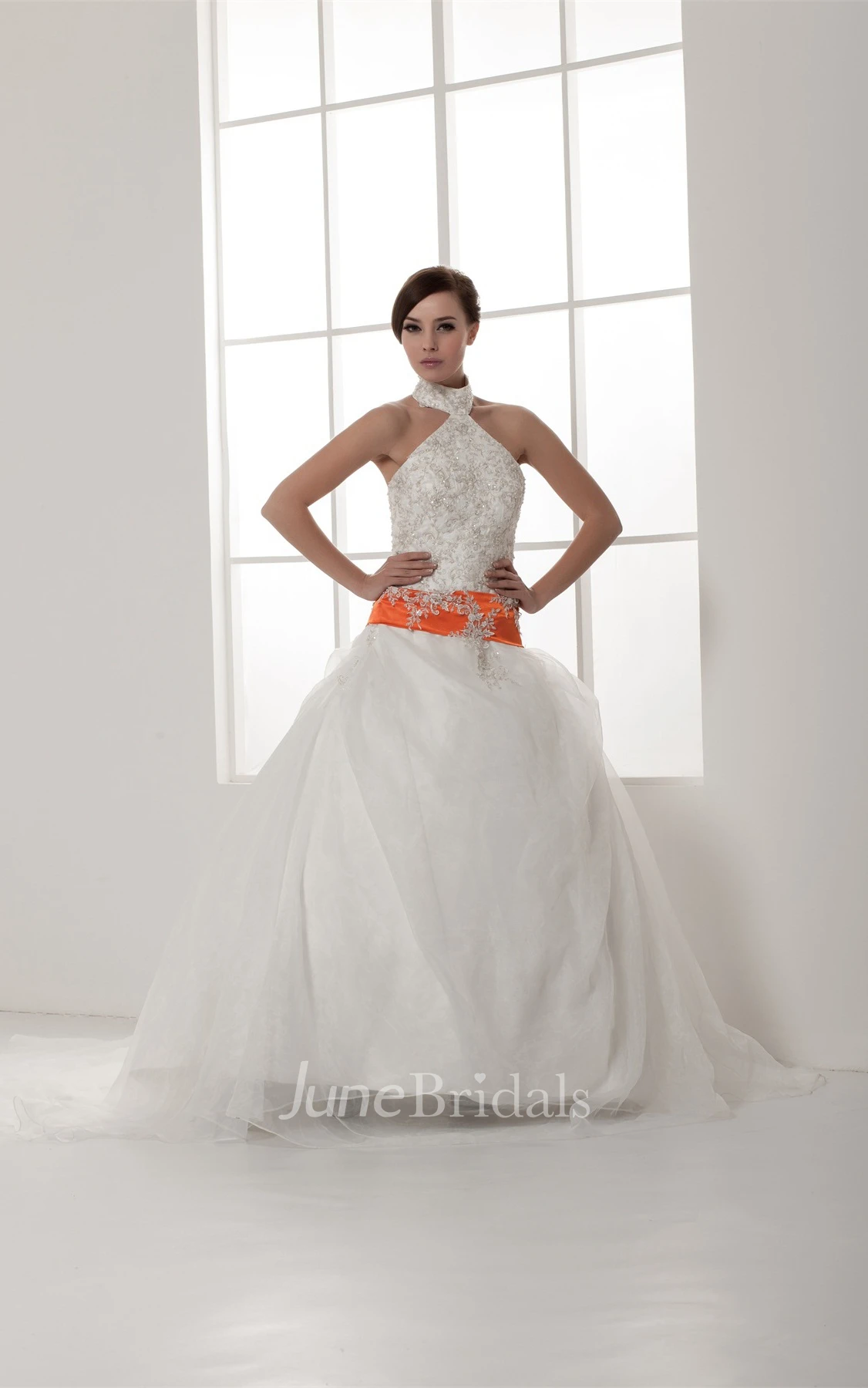 Sleeveless A-Line Pick-Up Gown with Collar and Appliques