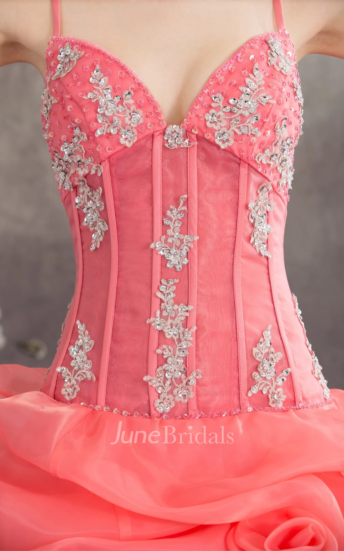 Spaghetti-Strap Ruffled Ball Gown with Appliques and Spaghetti-Straps