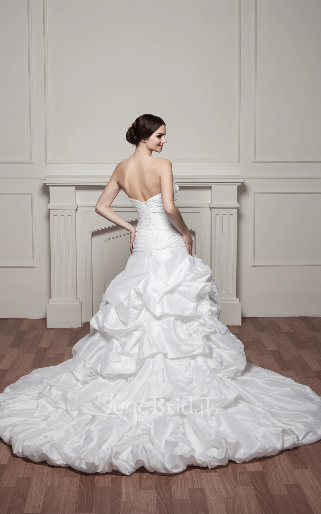 Strapless Ruched Pick-Up Gown with Flower and Ruched Bodice