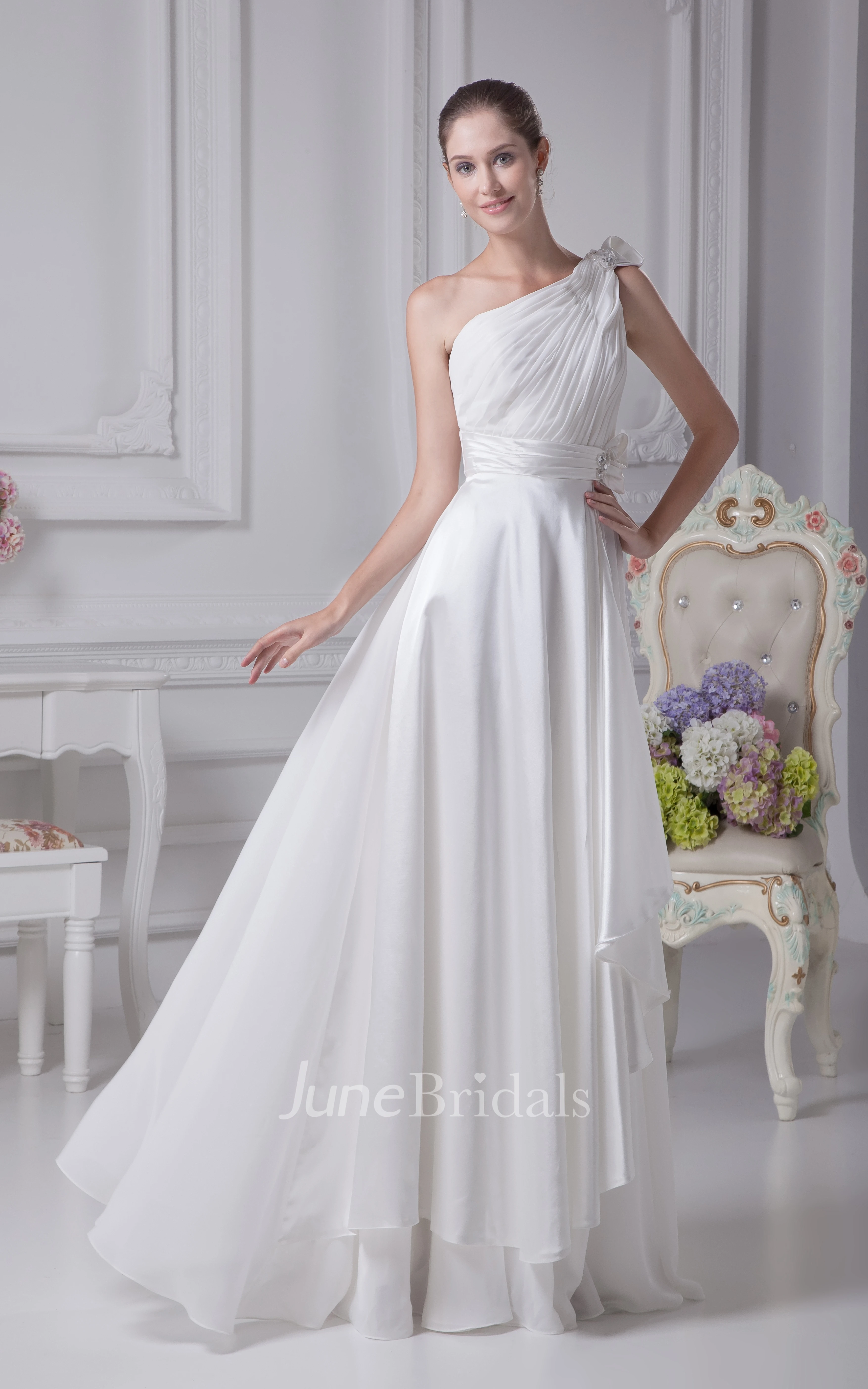 One-Shoulder Chiffon Ruched Floor-Length Dress With Draping