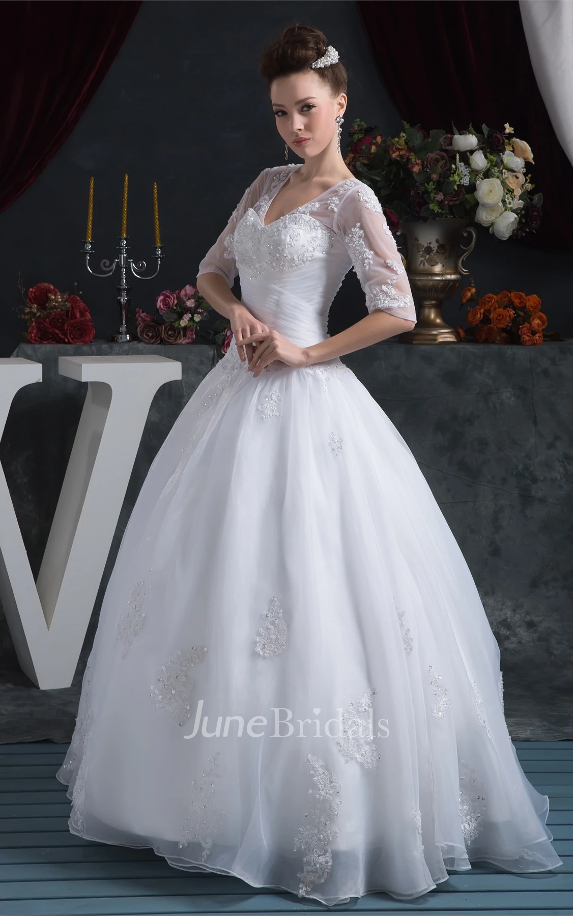 V-Neck Appliqued A-Line Gown with Ruching and Illusion Half Sleeve