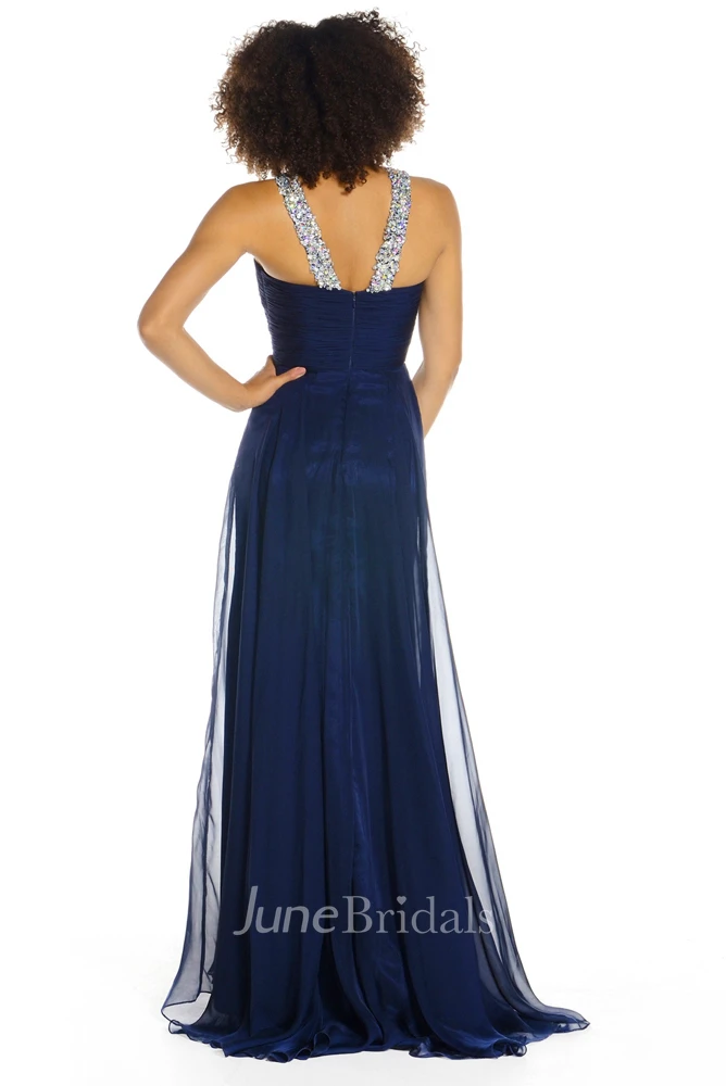 Sleeveless Beaded Strapped Chiffon Prom Dress With Ruching