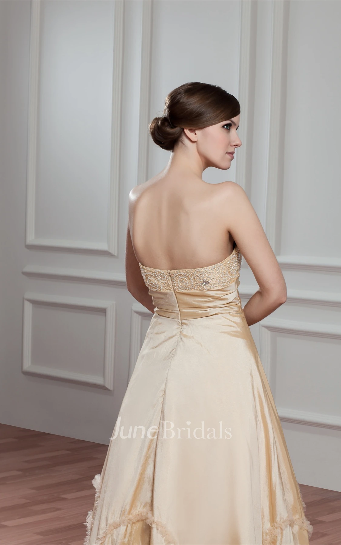 Sweetheart Pleated A-Line Gown with Ruffles and Beaded Top