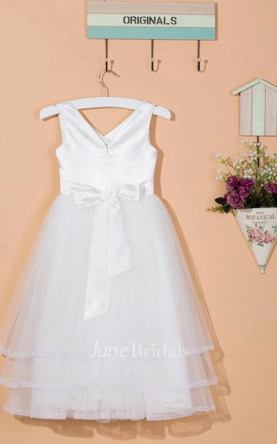 Sleeveless V-neck Layered Tulle&Satin Dress With Flower