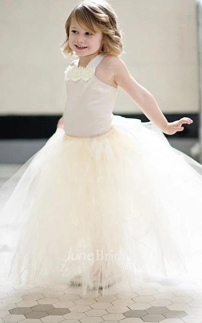 Halter Pleated Champagne Tutu Tulle Dress With Straps