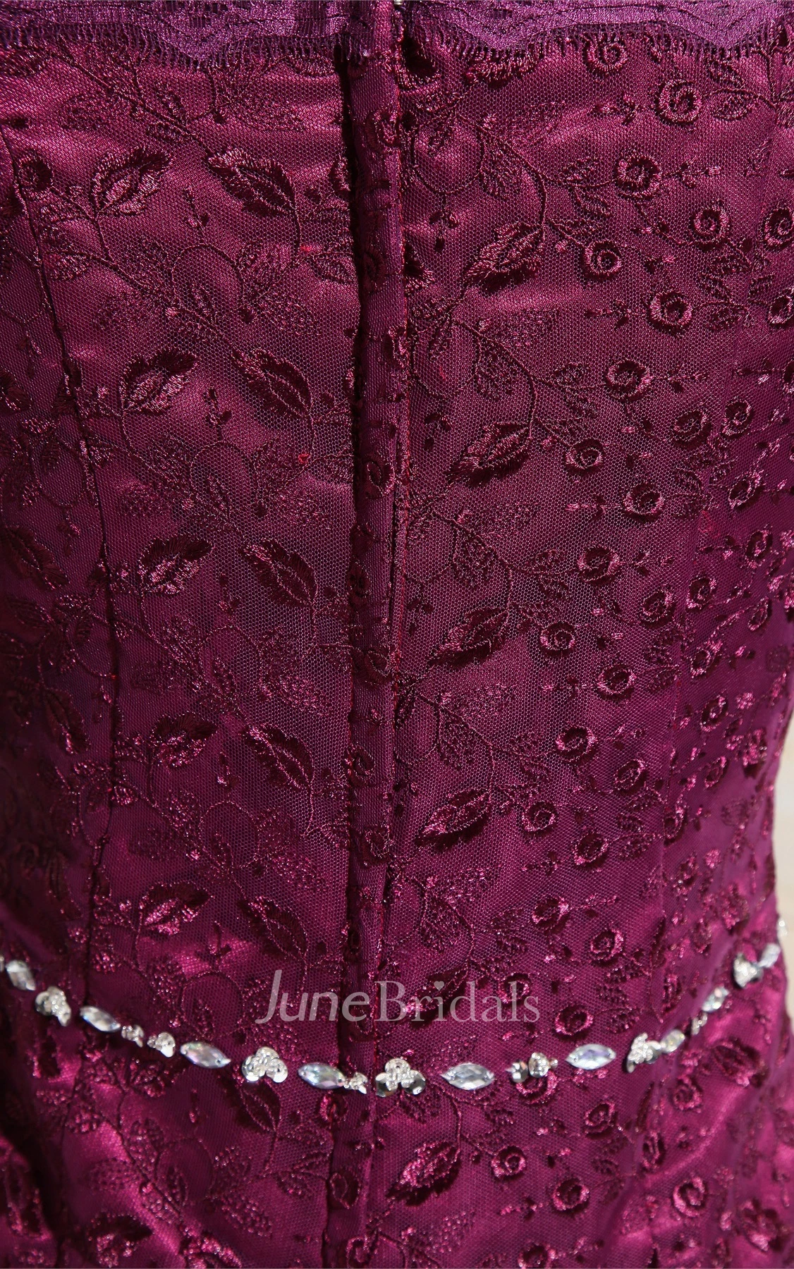 Off-The-Shoulder Short-Sleeve Satin Sheath Gown with Appliqued Top