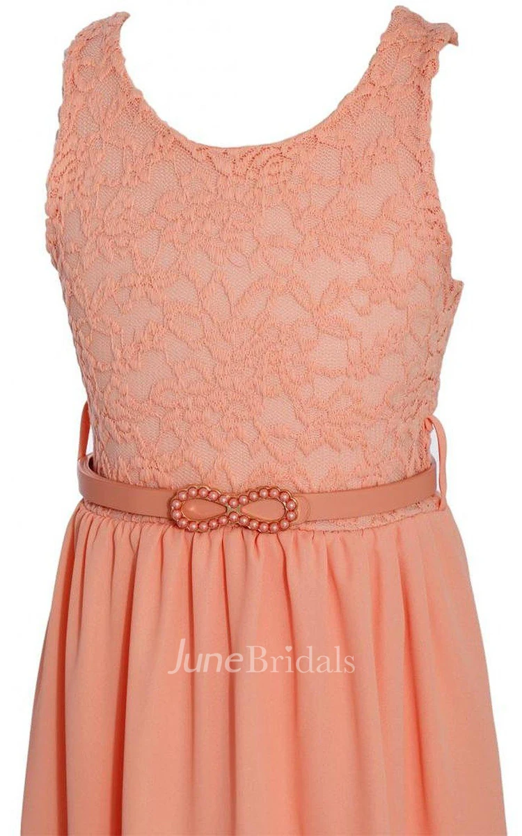 Sleeveless High-low Dress With Lace Bodice and Belt