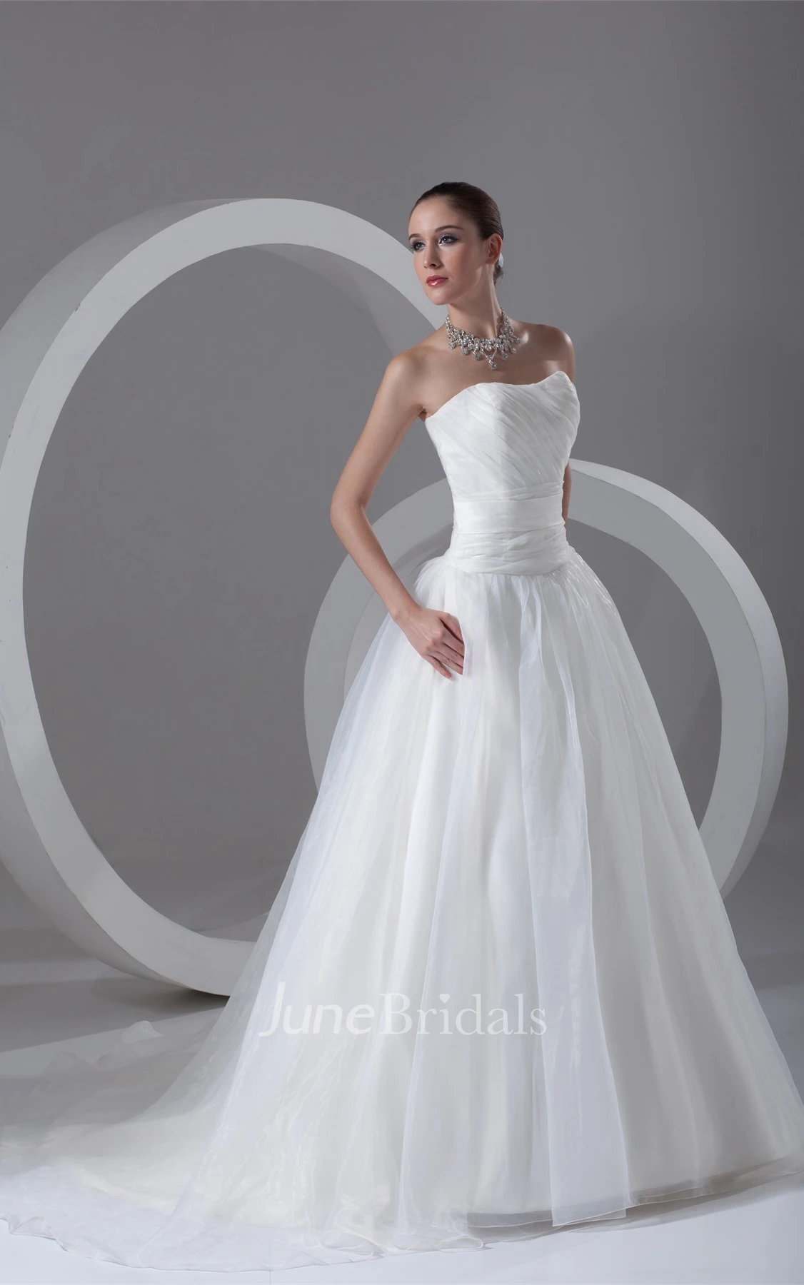 strapless maxi a-line dress with sweep train and ruched top