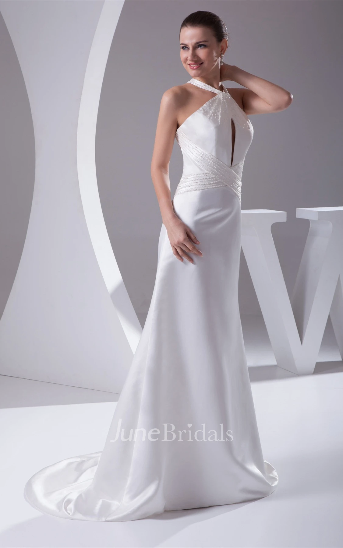 Sleeveless Satin A-Line Beaded Dress with Halter and Keyhole