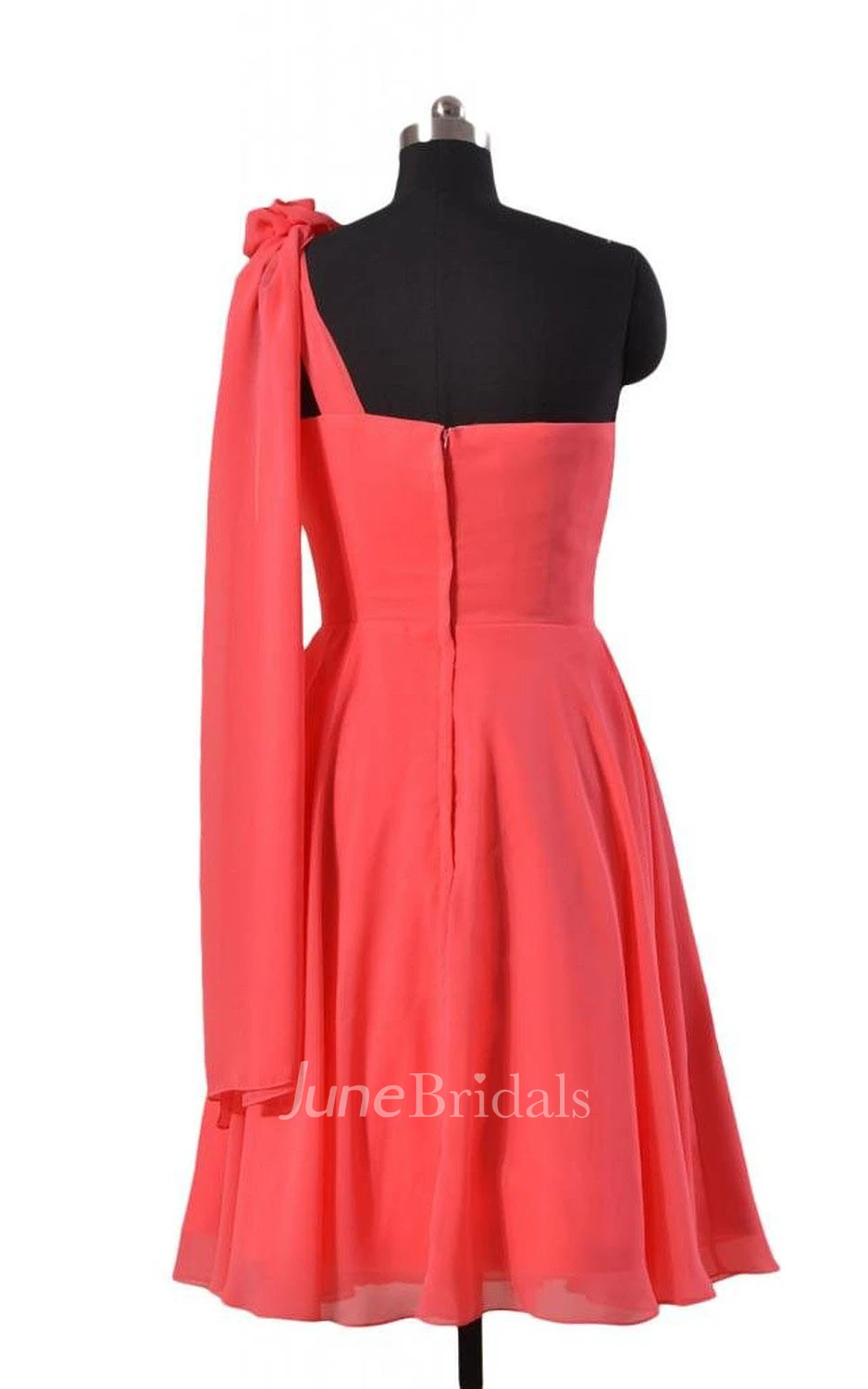 One-shoulder Knee-length Pleated Chiffon Dress With Drapped Sleeve