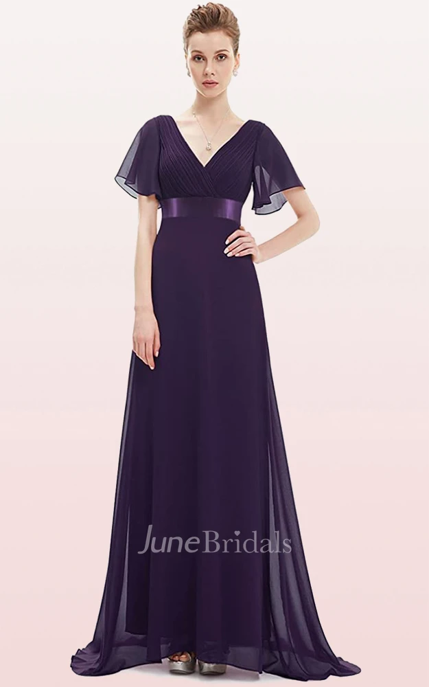 A Line V-neck Chiffon Short Sleeve Formal Mother Dress With Ruffles