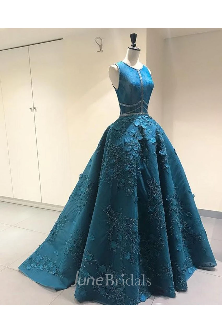 A-Line Floor-Length Keyhole Scoop-Neck Satin With Dlicate Appliques For Prom