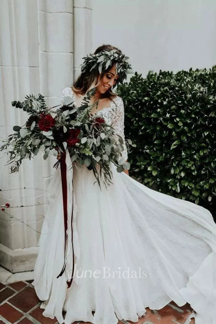 Two Piece V-neck Illusion 3-4 Length Sleeve Floor-length Lace Wedding Dress with Ruching Ruffles