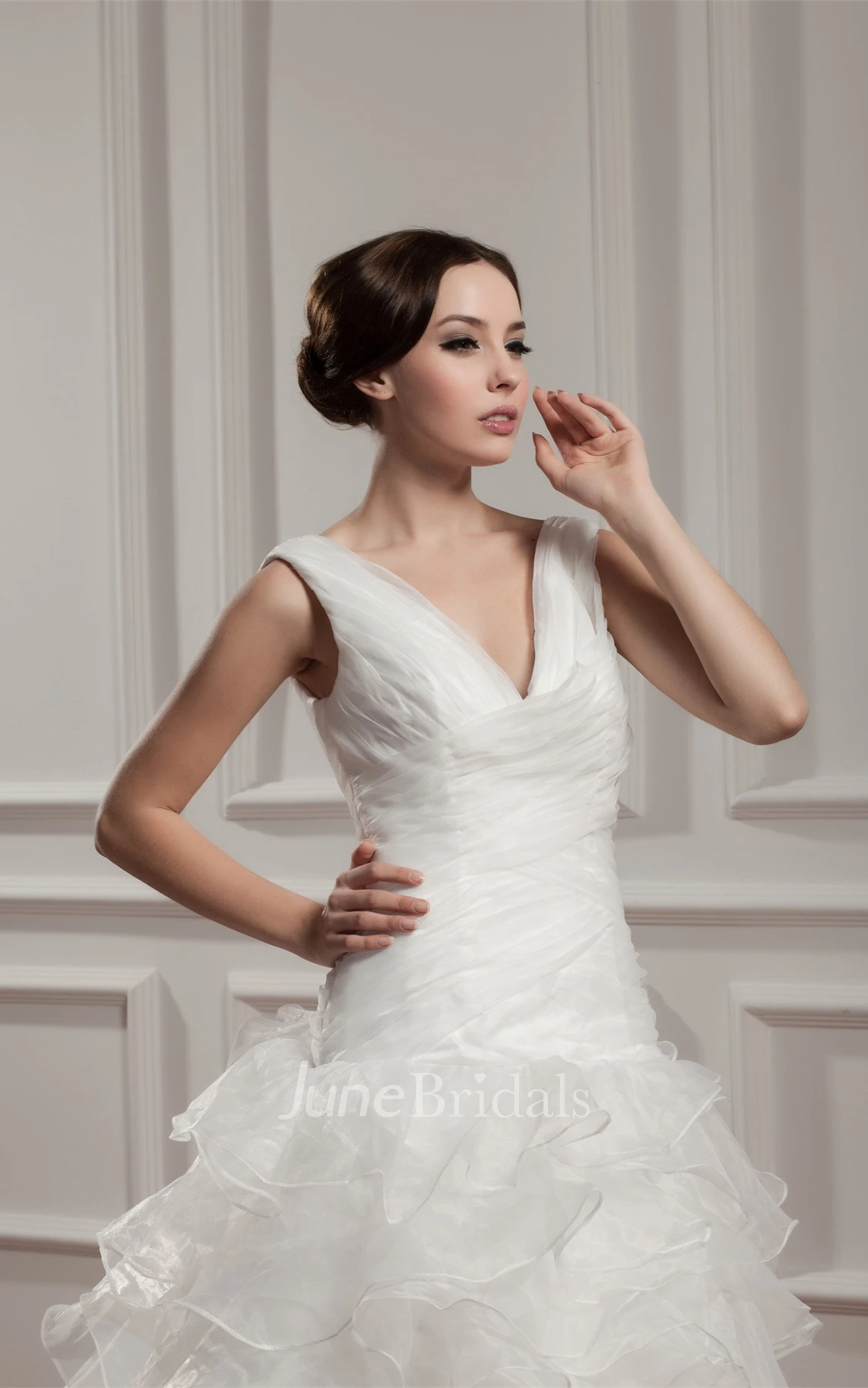 Plunged Sleeveless Ruffled Gown with Tiers and Court Train