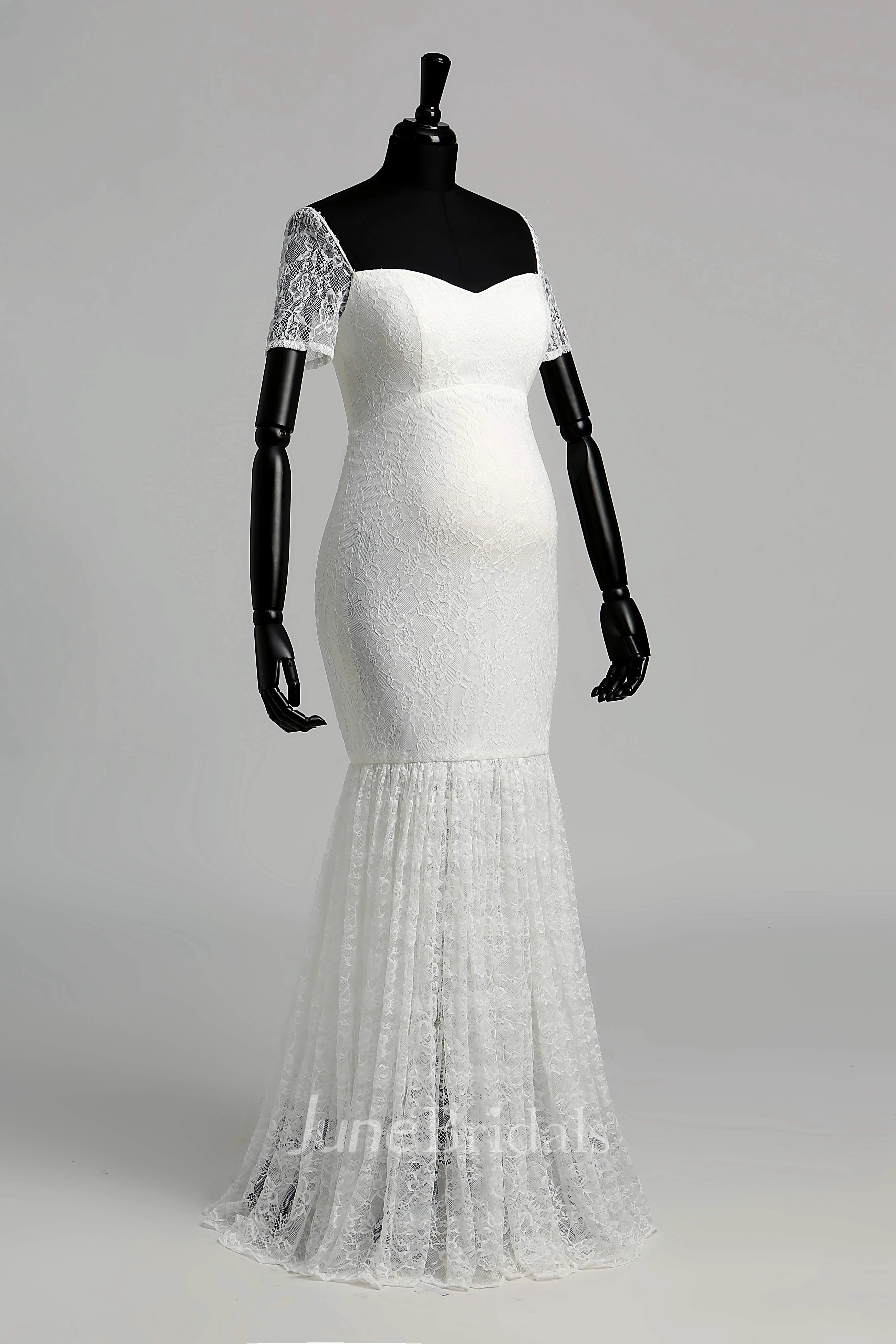 Floor-length Mermaid Off-the-shoulder Illusion Short Sleeve Lace Maternity Weeding Dress