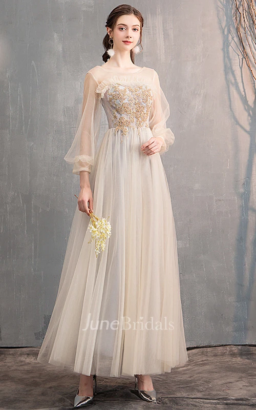 Romantic Tulle Off-the-shoulder V-neck A Line Prom Formal Dress With Appliques