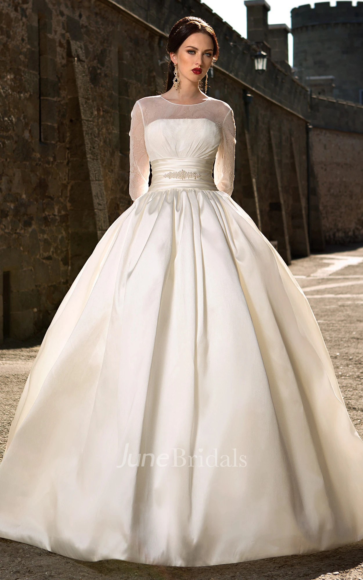Ball Gown Floor-Length Jewel Long-Sleeve Corset-Back Satin Dress With  Appliques - June Bridals