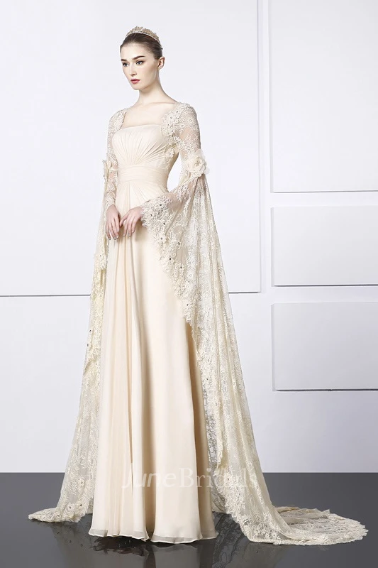 Square Sheath Lace Chiffon Unique Gown With Bat Sleeve And Train