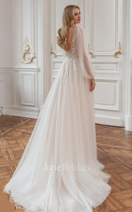 Charming A-Line Plunging Neck Tulle Spring Wedding Dress with Appliques and Train