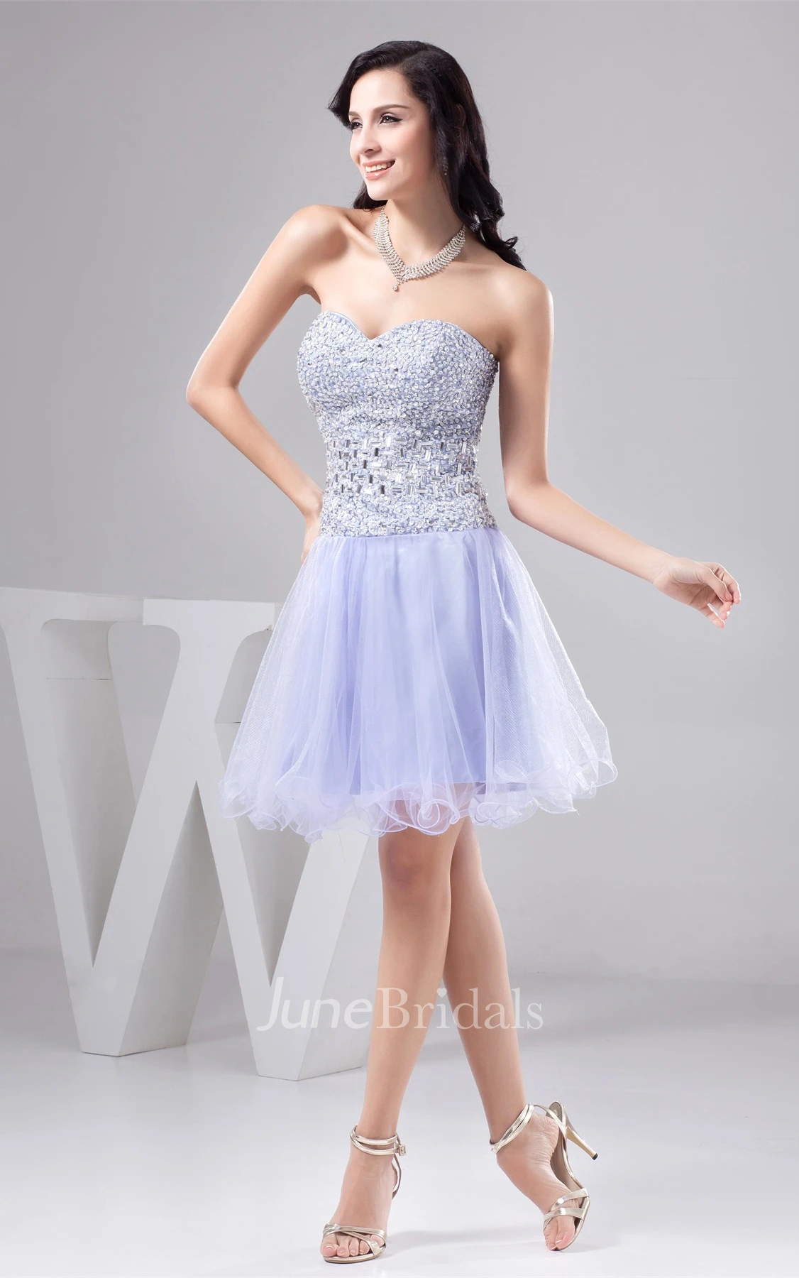 Sweetheart Jeweled A-Line Mini Dress with Pleats