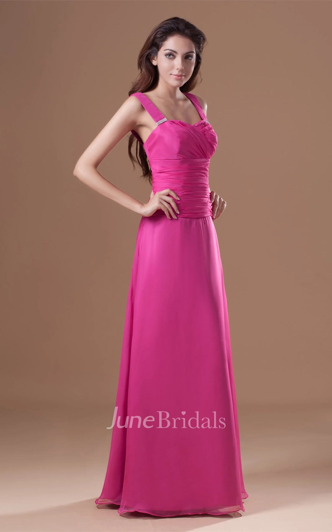 Strapped Chiffon Floor-Length Gown with Ruched Bodice