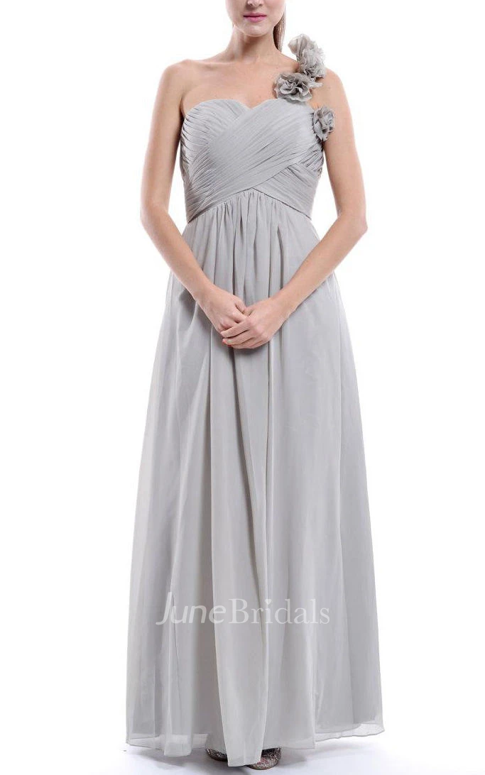 One-shoulder Strapped Sweetheart Chiffon Dress With Flower