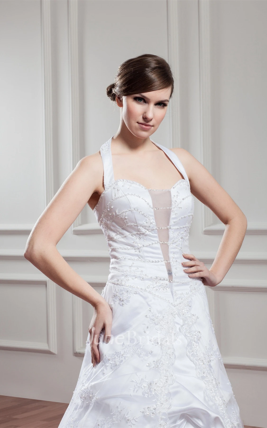 Sleeveless Appliqued A-Line Dress with Illusion and Halter