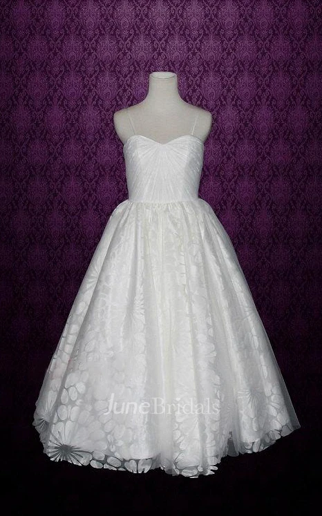 Spaghetti A-Line Tea-Lrngth Satin Wedding Dress With Ruching