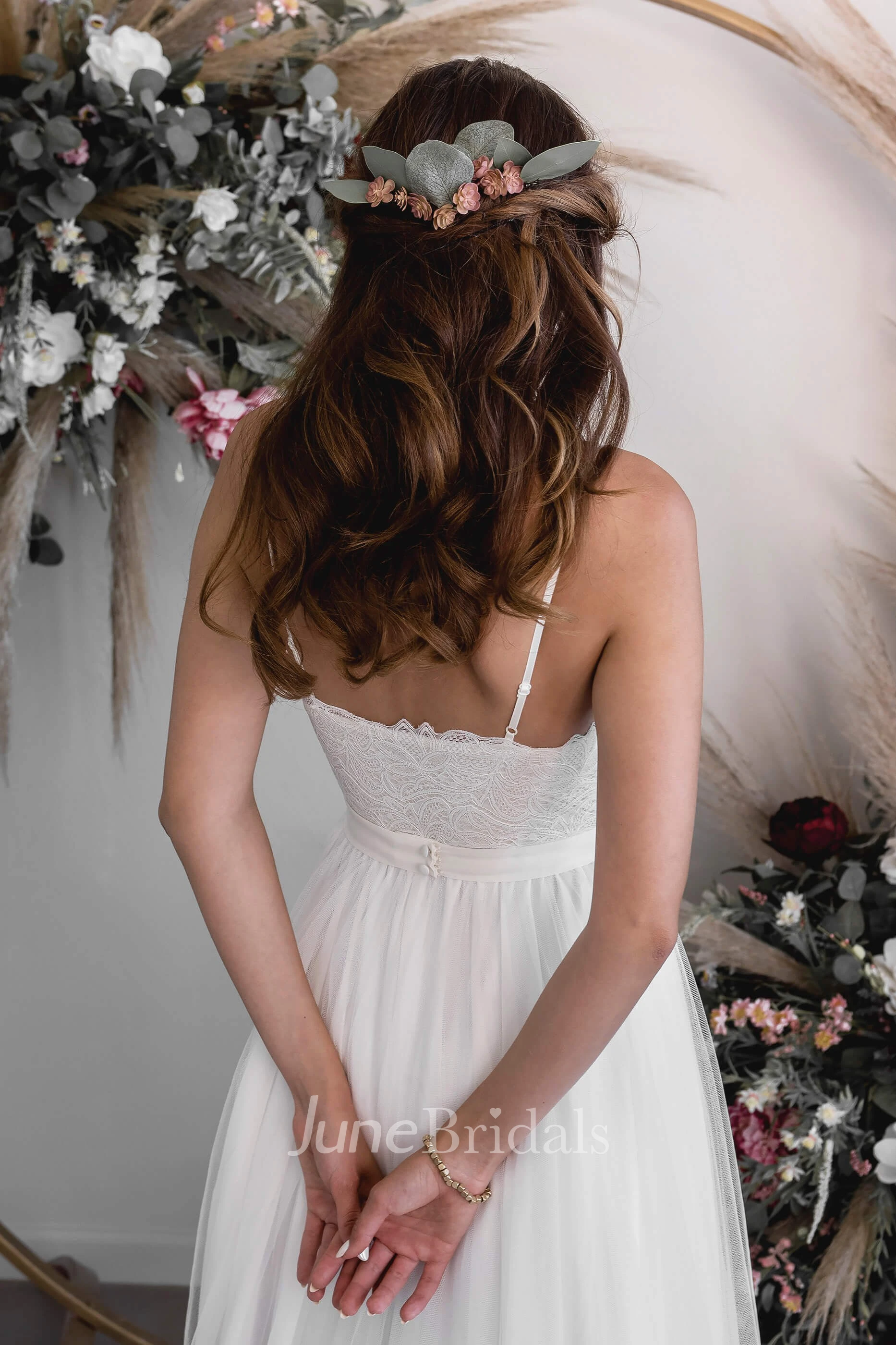 Spaghetti V-neck A-line Casual Ethereal Sexy Lace Tulle Bridal Gown With Court Train