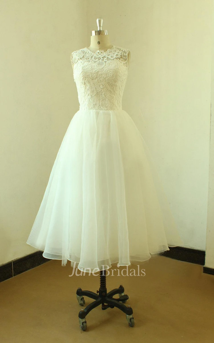 Mini Tea-Length Lace Organza Weddig Dress
