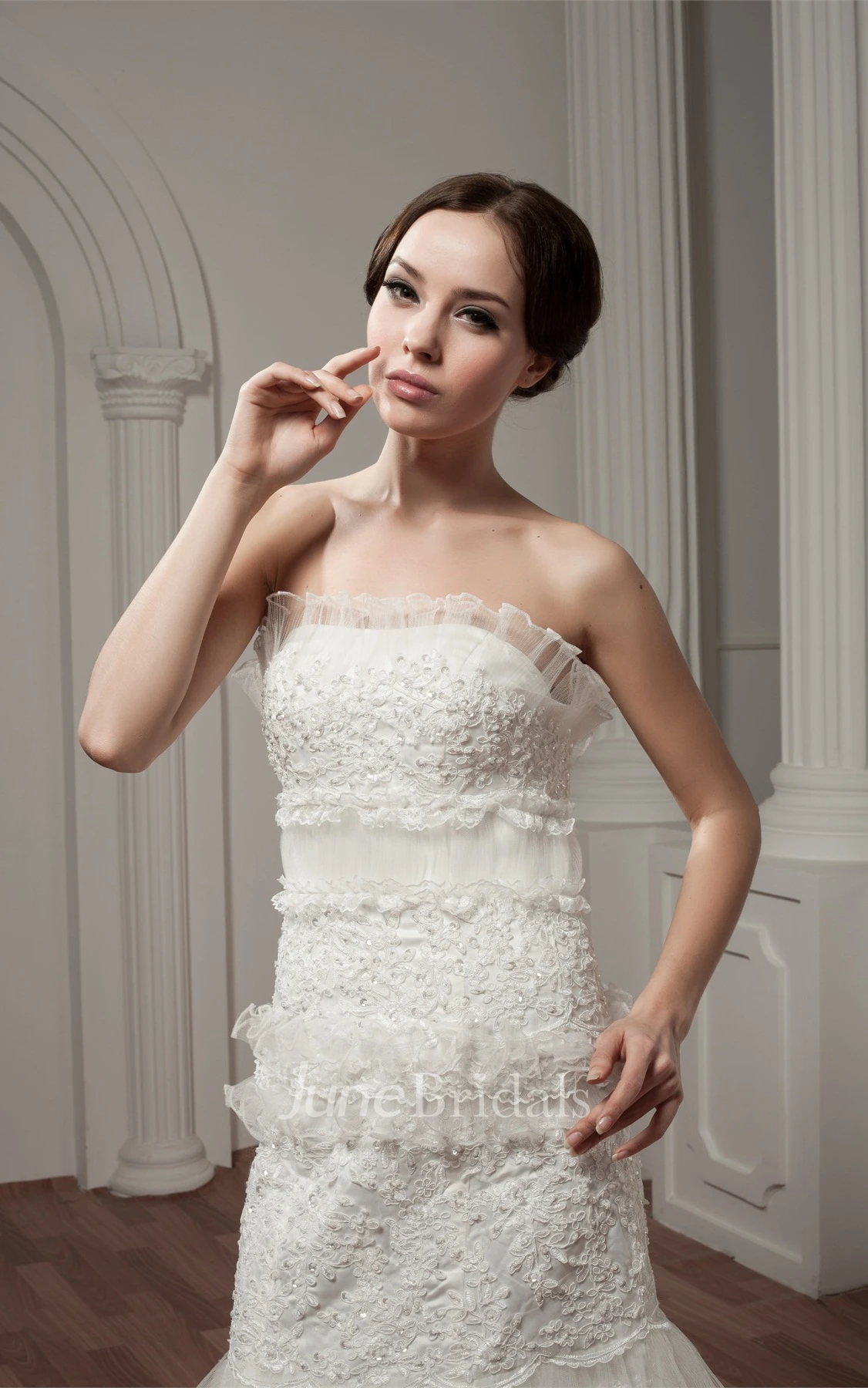 Strapless A-Line Ruffled Gown with Appliques and Peplum