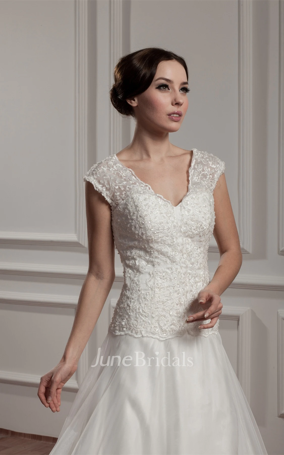 Caped-Sleeve Plunged A-Line Dress with Appliques and Pleats