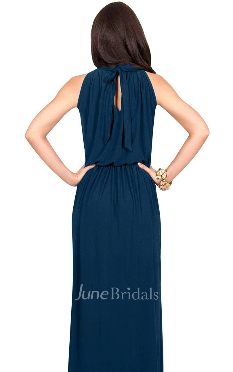 A Line Halter High Neck Chiffon Evening Dress With Ruching