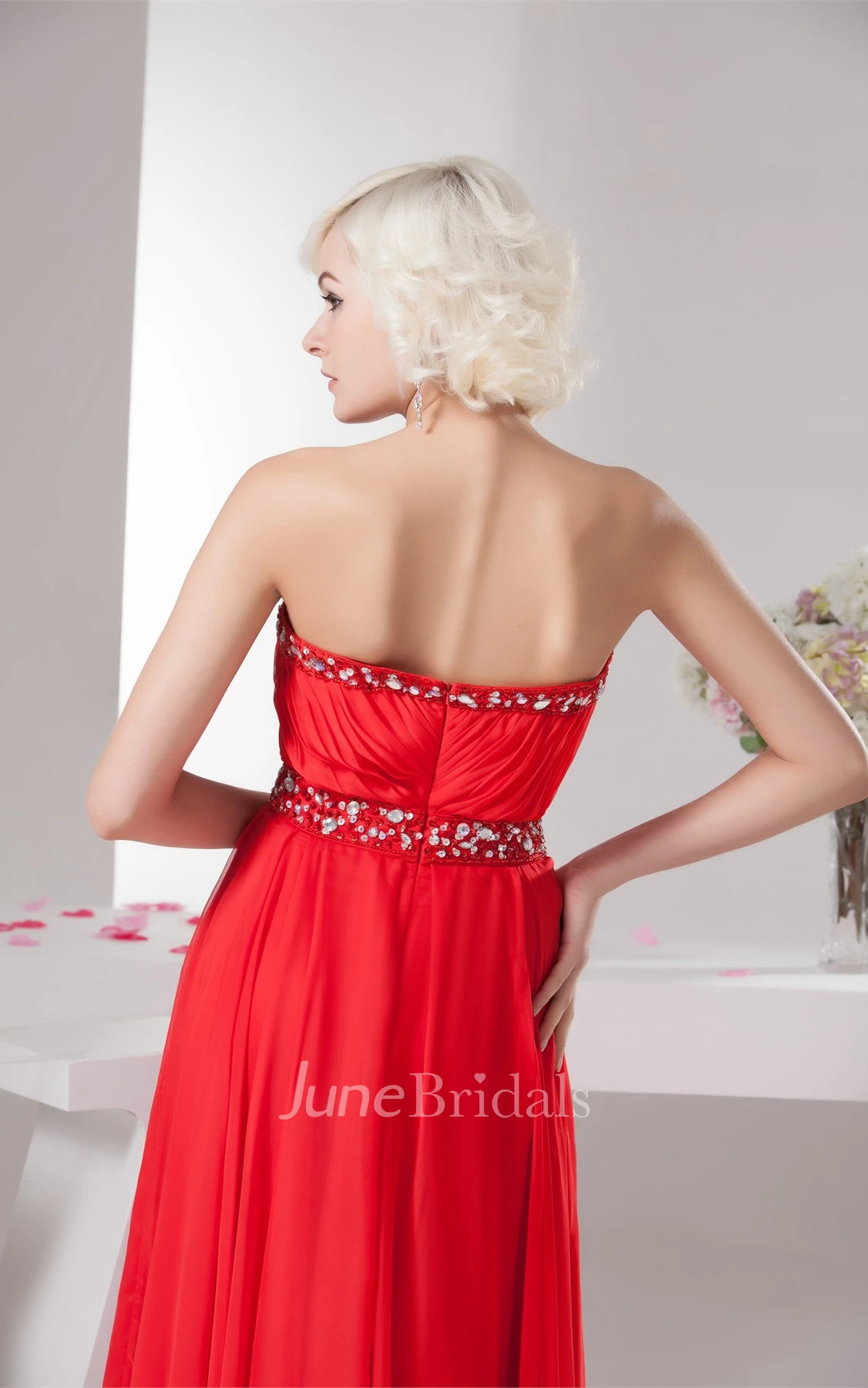 Chiffon Plunged Maxi Gown with Beading and Pleats