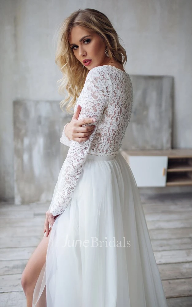 Casual Two Piece Lace Tulle Bateau Long Sleeve Wedding Dress with Split Front